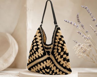 Boho Crochet Straw Bag, Handmade Raffia Shoulder Bag, Woven Hobo Tote, Cottagecore Beach Purse, Summer Vacation Handbag