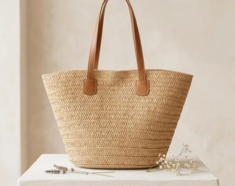 French Market Straw Bag – Handwoven Rattan Basket with Vegan Leather Handles & Crossbody Strap | Summer Beach Tote Bag