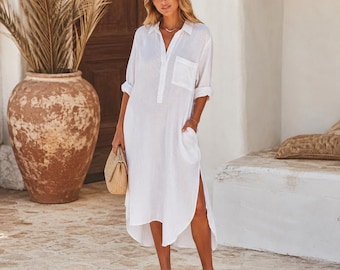 Linen Maxi Dress for Women, Oversized Boho Dress with Pockets, Loose Summer Beach Kaftan, Cotton Linen Vacation Outfit