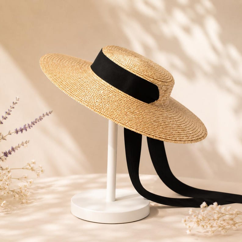 Wide Brim Boater Hat for Women, French Riviera Straw Sun Hat, Ribbon Beach Hat, Kentucky Derby Hat, Old Money Style