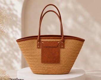 Large Straw Tote Bag, Woven Beach Bag with Zipper, Raffia Shoulder Bag, Boho Summer Handbag, Vacation Tote, Market Bag