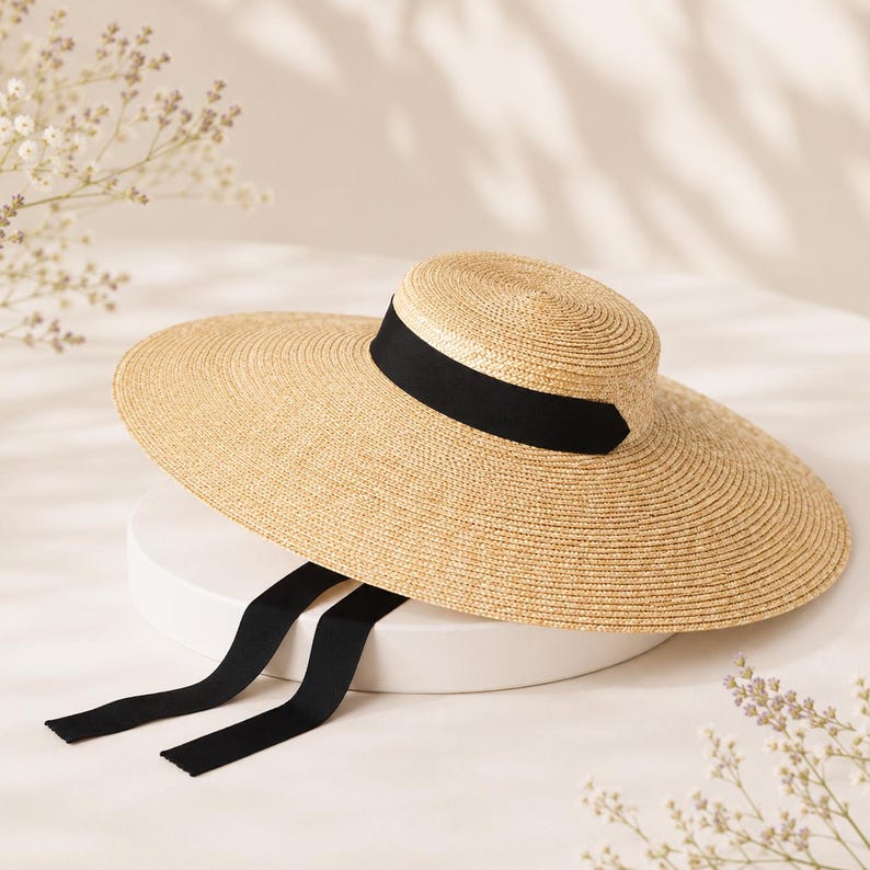 Wide Brim Boater Hat for Women, French Riviera Straw Sun Hat, Ribbon Beach Hat, Kentucky Derby Hat, Old Money Style