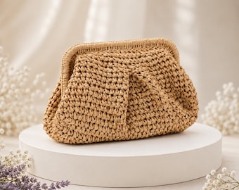 Raffia Handbag for Women, Straw Bag Clutch with Strap, Boho Natural Bag, Crochet Evening Clutch, Wedding Guest Purse