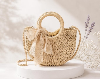 Boho Straw Bag for Women, Half Moon Woven Rattan Purse, Summer Beach Crossbody Bag, Vacation Handbag, Bohemian Tote Gift