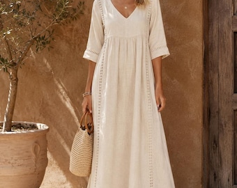 Linen Cotton Maxi Dress for Women, Boho V Neck Dress, Loose Summer Dress, Lace Maxi Dress, Casual Beach Dress, Cottagecore
