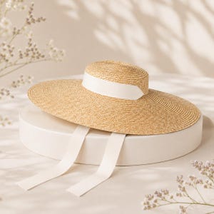 Wide Brim Boater Hat for Women, French Riviera Straw Sun Hat, Ribbon Beach Hat, Kentucky Derby Hat, Old Money Style