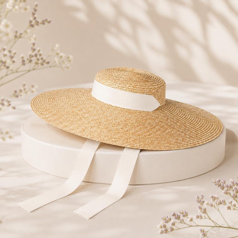 Wide Brim Boater Hat for Women, French Riviera Straw Sun Hat, Ribbon Beach Hat, Kentucky Derby Hat, Old Money Style