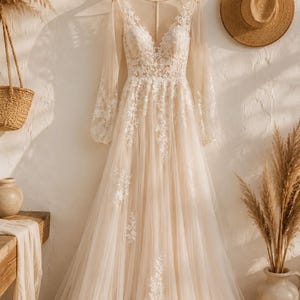Boho Wedding Dress, Long Sleeve Lace Bridal Gown, A-Line Tulle Wedding Dress, Floral Lace Dress, Garden Beach Wedding image 4