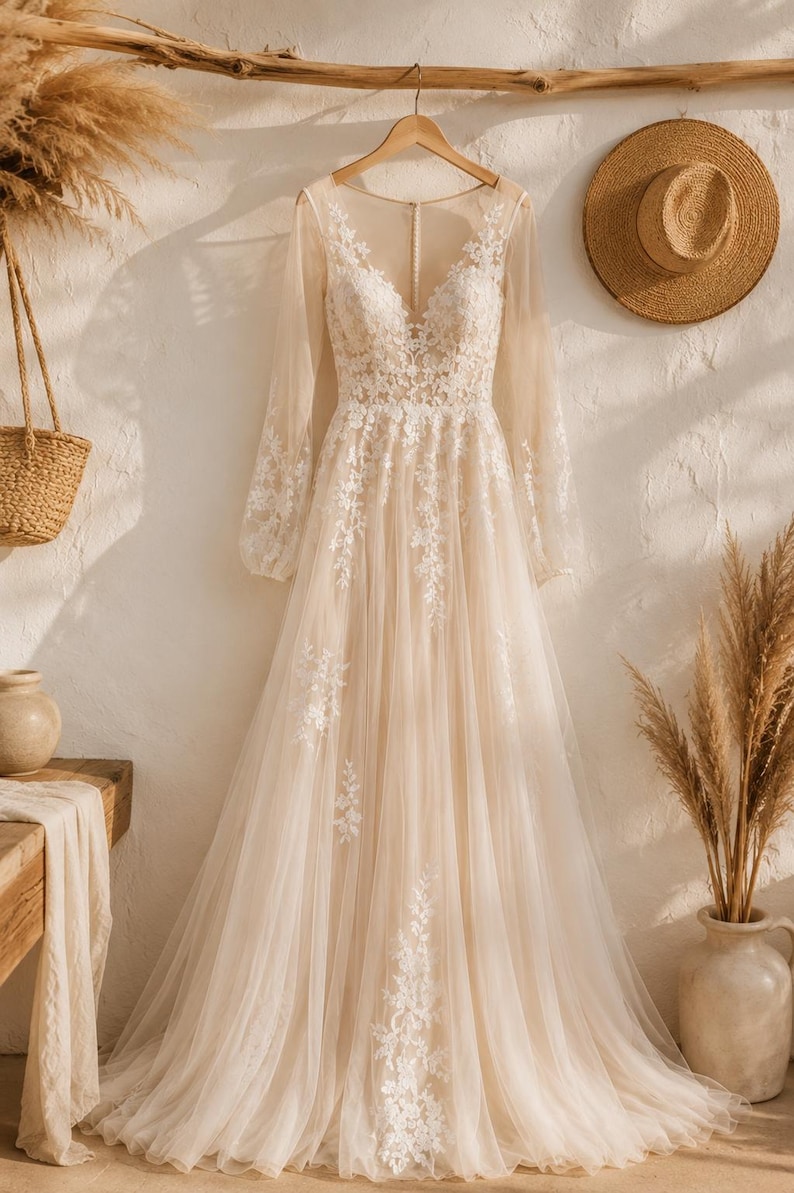 Boho Wedding Dress, Long Sleeve Lace Bridal Gown, A-Line Tulle Wedding Dress, Floral Lace Dress, Garden Beach Wedding image 4