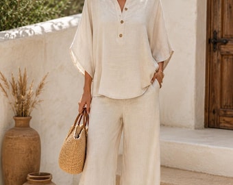 Women's Linen Cotton Two Piece Set, Linen Co Ord Set, Wide Leg Pants Outfit, Loose Matching Set, Summer Travel Outfit, Minimalist