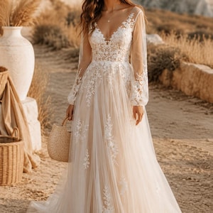 Boho Wedding Dress, Long Sleeve Lace Bridal Gown, A-Line Tulle Wedding Dress, Floral Lace Dress, Garden Beach Wedding image 1