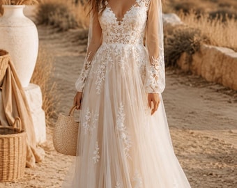 Boho Wedding Dress, Long Sleeve Lace Bridal Gown, A-Line Tulle Wedding Dress, Floral Lace Dress, Garden Beach Wedding