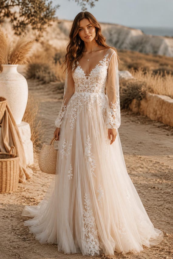 Boho Wedding Dress, Long Sleeve Lace Bridal Gown, A-Line Tulle Wedding Dress, Floral Lace Dress, Garden Beach Wedding