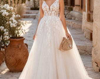 Boho Wedding Dress, Lace A Line Bridal Gown, V Neck Tulle Wedding Dress, Rustic Garden Wedding Gown, Bohemian Bride Dress