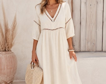 Boho Midi Dress for Women, V Neck A-Line Dress, Loose Fit Hollow Out Tunic, Flowy Beach Vacation Dress, Casual Summer Outfit