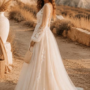 Boho Wedding Dress, Long Sleeve Lace Bridal Gown, A-Line Tulle Wedding Dress, Floral Lace Dress, Garden Beach Wedding image 2