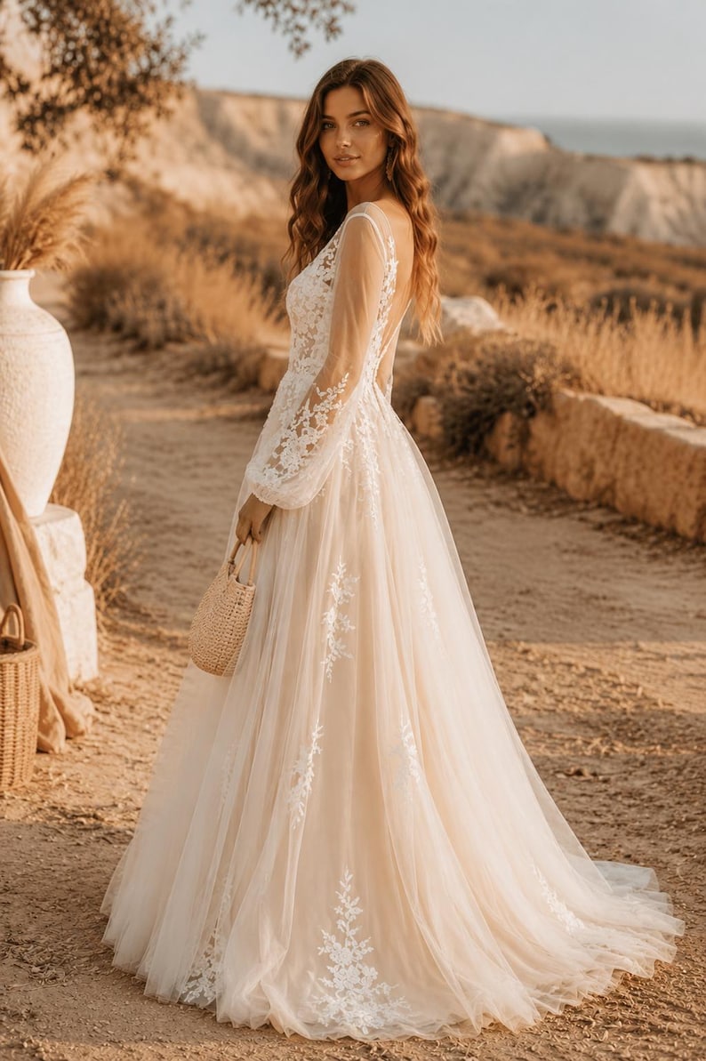 Boho Wedding Dress, Long Sleeve Lace Bridal Gown, A-Line Tulle Wedding Dress, Floral Lace Dress, Garden Beach Wedding image 2
