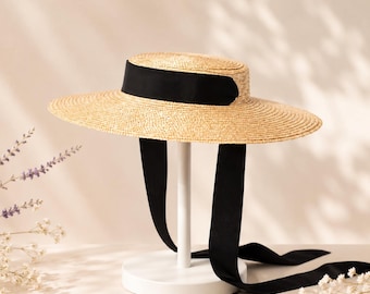 Wide Brim Boater Hat for Women, French Riviera Straw Sun Hat, Ribbon Beach Hat, Kentucky Derby Hat, Old Money Style