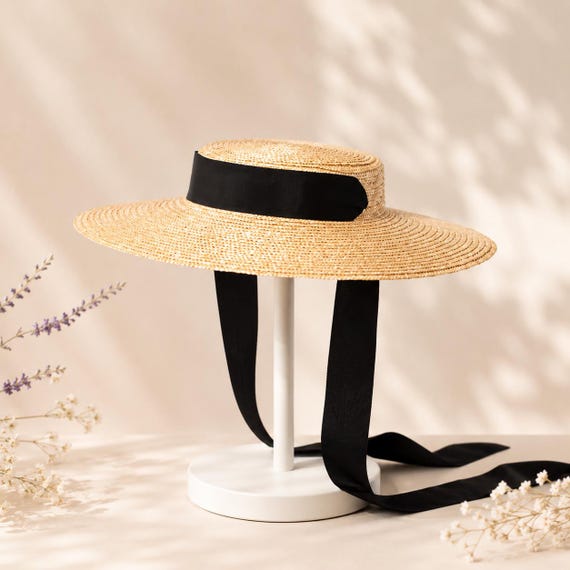 Wide Brim Boater Hat for Women, French Riviera Straw Sun Hat, Ribbon Beach Hat, Kentucky Derby Hat, Old Money Style