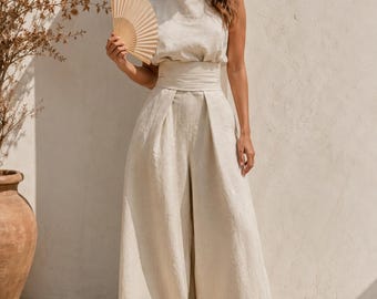 Linen Cotton Two Piece Set Women, Mock Neck Top & Pleated Wide Leg Pants, Summer Matching Set, Old Money Linen Outfit