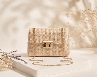 Straw Clutch Bag with Gold Chain Strap, Raffia Evening Purse, Wedding Guest Bag, Boho Chic Summer Handbag, Beach Dinner Bag