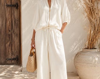 Boho 2 Piece Linen Blend Set for Women, Summer Travel Outfit, Wide Leg Pants Set, Casual Lounge Set, Zip Top Matching Set