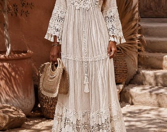 Women's Boho Lace Maxi Dress, Flowy Beach Resort Wear, Romantic Summer Vacation Outfit