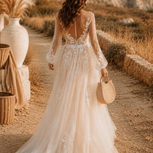 Boho Wedding Dress, Long Sleeve Lace Bridal Gown, A-Line Tulle Wedding Dress, Floral Lace Dress, Garden Beach Wedding image 3