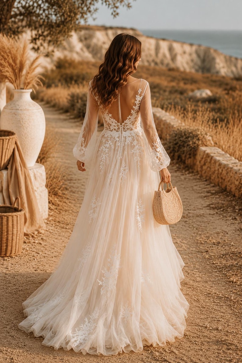 Boho Wedding Dress, Long Sleeve Lace Bridal Gown, A-Line Tulle Wedding Dress, Floral Lace Dress, Garden Beach Wedding image 3