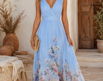 Floral Chiffon Maxi Dress, Summer Wedding Guest Dress, Boho V Neck Dress, Flowy Beach Dress, Garden Party & Resort Wear