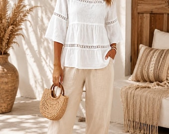 Boho Lace Trim Blouse for Women, Square Neck Peasant Top, Flowy Summer Shirt, Cottagecore Loose Fit Tunic, Vacation Top