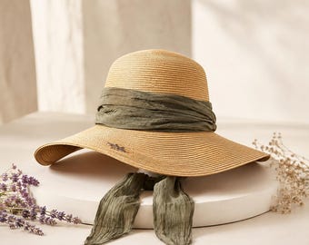 Straw Hat for Women, Wide Brim Sun Hat with Ribbon Scarf, Boho Beach Hat, Packable Summer Vacation Hat, French Style Resort Wear