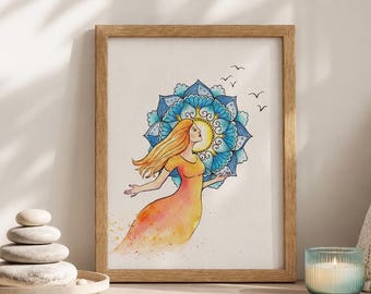 Original Watercolor Painting, Woman Mandala Art, Mindfulness Wall Decor, Self Care (8x10 inches)