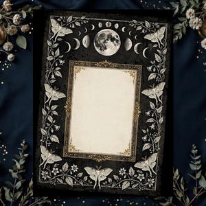 May include: A rectangular paper print featuring a central cream-colored blank frame bordered by gold filigree. The black background is decorated with white lunar phases, a full moon, and five moths surrounded by trailing floral vines.