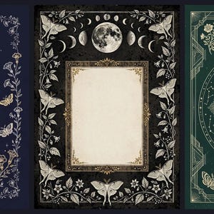 Puede incluir: Tres paneles decorativos rectangulares con intrincados dibujos de líneas. El panel izquierdo es azul oscuro con una luna creciente, constelaciones y polillas. El panel central es negro con fases lunares y polillas. El panel derecho es verde oscuro con una brújula.