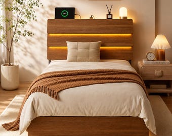 Floating Platform Bed Frame with LED Lights, USB & Type-C Charging Station, Wood Slat Support, Easy Assembly, Modern Bed