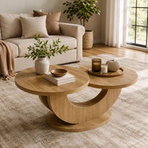May include: A light oak coffee table featuring two circular tabletops connected by a curved, crescent-shaped base. The table has a smooth wood grain finish and sits on a circular pedestal, providing a tiered surface for decorative items.