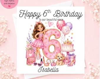 Tarjeta de cumpleaños rosa personalizada para niña de 6 años / Nombre, edad y parentesco personalizados / Linda tarjeta de cumpleaños para niña