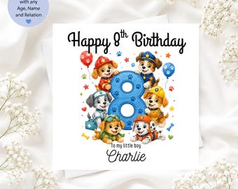 Personalised Rescue Puppies 8th Birthday Card | Custom Name, Age & Relation | Boys Birthday Card