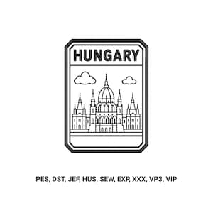 May include: A rectangular embroidered patch featuring a black outline of the Hungarian Parliament Building with two clouds above it. The word HUNGARY is stitched in black capital letters at the top. Below the design are the file formats PES, DST, JEF, HUS, SEW, EXP, XXX, VP3, VIP.