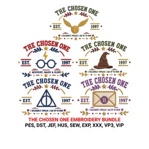 Puede incluir: Un paquete de diseños de bordado con seis motivos distintos que incluyen el texto THE CHOSEN ONE, EST. 1997 y I SOLEMNLY SWEAR I AM UP TO GOOD. Los iconos incluyen una snitch dorada, gafas redondas con un rayo, un sombrero, un triángulo y una carta.