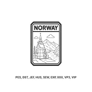 May include: A rectangular black and white embroidery design featuring the word NORWAY at the top. Below, a line art illustration depicts a stave church, mountains, a river, and clouds. The text PES, DST, JEF, HUS, SEW, EXP, XXX, VP3, VIP appears below.