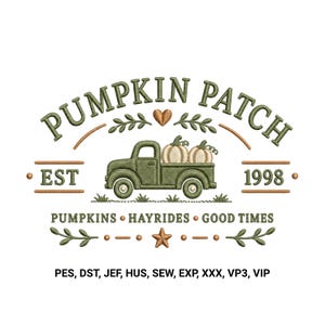 Pumpkin Patch Embroidery Design, Fall Farm Truck Embroidery File, Autumn Harvest Machine Embroidery Pattern PES DST JEF