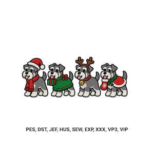 Pode incluir: Um design de bordado com quatro cães Schnauzer cinzentos e brancos em trajes festivos, incluindo um gorro de Pai Natal, uma camisola verde com um presente, hastes de rena com um sino e uma meia vermelha. O texto abaixo diz: PES, DST, JEF, HUS, SEW, EXP, XXX, VP3, VIP.