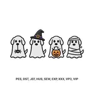 Può includere: Quattro ricami a forma di cane fantasma bianco. Il primo ha un ragno nero, il secondo indossa un cappello da strega nero con fascia viola, il terzo tiene una zucca arancione e il quarto è avvolto come una mummia. Testo: PES, DST, JEF, HUS, SEW, EXP, XXX, VP3, VIP.
