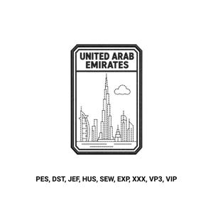 Può includere: Un disegno per ricamo rettangolare in bianco e nero con il testo UNITED ARAB EMIRATES sopra un disegno a linee dello skyline di Dubai, inclusi il Burj Khalifa e il Burj Al Arab, con i formati PES, DST, JEF, HUS, SEW, EXP, XXX, VP3 e VIP.