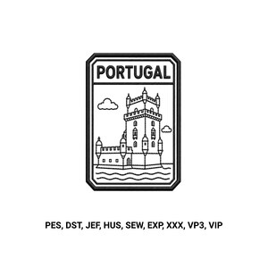 May include: A rectangular embroidered patch featuring a black outline of the Belem Tower in Lisbon, Portugal, with the text PORTUGAL at the top. Below the patch, the text PES, DST, JEF, HUS, SEW, EXP, XXX, VP3, VIP is displayed in black.