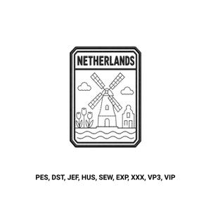 Peut inclure: Un motif de broderie rectangulaire avec le texte NETHERLANDS en haut, un moulin à vent central, des tulipes, une petite maison et des nuages. Sous le motif, le texte indique PES, DST, JEF, HUS, SEW, EXP, XXX, VP3, VIP en lettres noires.