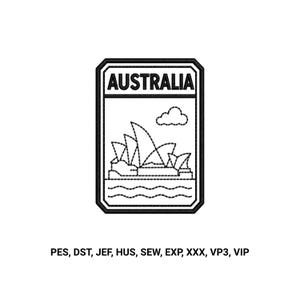 May include: A rectangular black and white embroidery design featuring the word AUSTRALIA at the top, a stylized outline of the Sydney Opera House, a cloud, and water waves. Below the design is the text PES, DST, JEF, HUS, SEW, EXP, XXX, VP3, VIP.