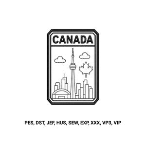 May include: A rectangular machine embroidery design featuring a black outline of the Toronto skyline, the CN Tower, and a maple leaf. The word CANADA is printed in bold black letters at the top. Below the design are the file formats PES, DST, JEF, HUS, SEW, EXP, XXX, VP3, VIP.